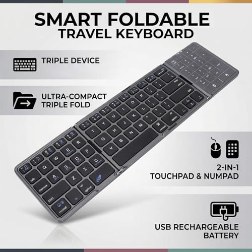 Foldable Keyboard, 2 in 1 3 Fold Wireless Bluetooth Keyboard with Touchpad and Numeric Keypad Portable Travel Rechargeable for Tablet, Laptop