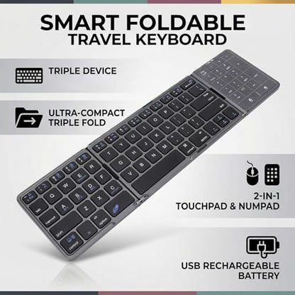 Foldable Keyboard, 2 in 1 3 Fold Wireless Bluetooth Keyboard with Touchpad and Numeric Keypad Portable Travel Rechargeable for Tablet, Laptop