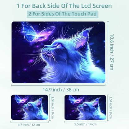 Universal Laptop Skin Decal, 3-Piece Vinyl Protector for 12 13 14 15.6" Notebook, Waterproof Anti-Scratch, Easy Trim & Bubble-Free Finish, Blue Butterfly and Luminescent Cat - color: Blue Butterfly and Luminescent Cat