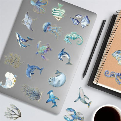 50PCS Cute Marine Life Gold-Embossed Waterproof Stickers for Water Bottle, Cool Marine Creatures Transparent Stickers Pack for Laptop, Scrapbook, Ocean Animal Blue Golden Decals Gift (Colourful-B7) - color: Colourful-b7
