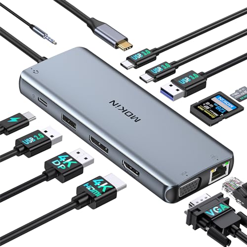MOKiN Docking Station Dual Monitor, 12 in 1 USB C Docking Station 3 Monitor, USB C Multiport Adapter with 4K HDMI, DP, VGA, Ethernet, 100W PD, 4 USB, SD/TF Card Reader for Dell HP Lenovo