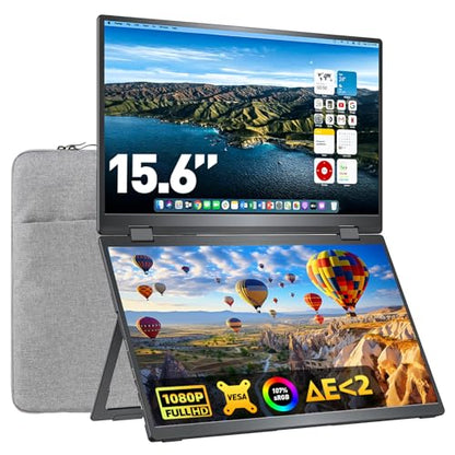 Upperizon Portable Monitor Foldable Dual Screen 15.6 inch FHD 107% sRGB IPS HDMI USB-C Travel Monitor for Laptop Mac PC Windows, DisplayLink Stacked Screen Extender with Kickstand, VESA Compatible - size: 15.6 inches