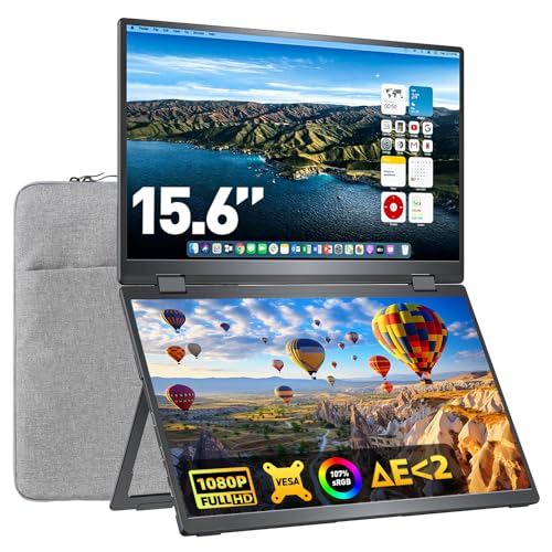 Upperizon Portable Monitor Foldable Dual Screen 15.6 inch FHD 107% sRGB IPS HDMI USB-C Travel Monitor for Laptop Mac PC Windows, DisplayLink Stacked Screen Extender with Kickstand, VESA Compatible - size: 15.6 inches