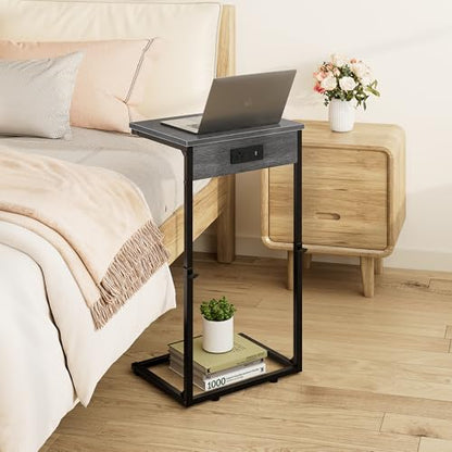 C Shaped End Table with Charging Station, Adjustable Height Side Table for Couch, Small Side Table, 33.2'' Tall Couch Tables that Slide Under, Tv Tray End Table for Living Room, Gray Walnut - color: Gray Walnut (1 Pack), style: With Plug