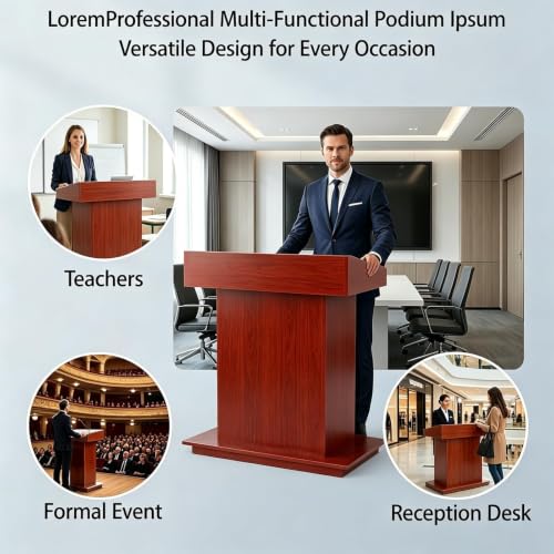 Podium Stand, Podium with Wheels, Floor Standing Speaking Poidum Lectern Stand, Church Pulpit with Storage, Office Wooden Reception Desk, Host Stand for School Conference | Walnut - color: Walnut