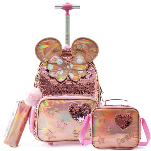 Kids Rolling Big Ears Backpack for Girls Sequins Trolley Suitcases Luggage Travel with Wheels Bookbag Wheeled 17" Roller Backpacks Set Toddler Back Pack School Bags for Elementary Champagne - color: 5315-miqi-champagne