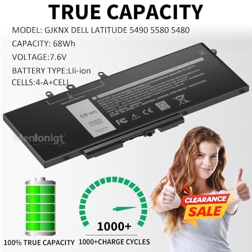 New 68Wh GJKNX Laptop Battery Replacement for Dell Latitude 5490 5480 5580 5590 5280 5288 5488 5591 5491 5495 E5480 E5580 E5490 E5590 Precision 15 3520 3530 Series Fits GD1JP DY9NT 5YHR4 451-BBZG 7.6V - size: 9.13 x 3.75 x 0.5 inches GJKNX BATTERY