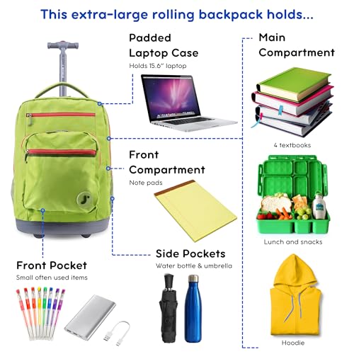 J World Sundance Laptop Rolling Backpack for Girls Boys. Roller Bookbag with Wheels, 20 Inch, Celery - color: Celery