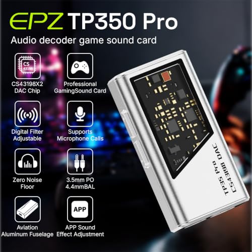 EPZ TP35 PRO Mini Portable IEM DAC Hi-Fi Decoder Headphone Amplifier Dongle USB-C to 3.5/4.4mm Dual CS43198 Chips, Supports High-Resolution PCM 32bit/384khz DSD 256 Audio, EQ Adjustment and Mic Calls - color: Silver