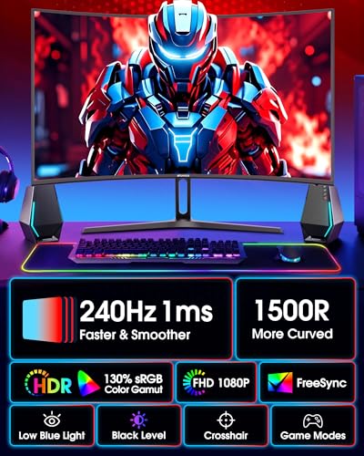 SANSUI 27 Inch Curved 240Hz Gaming Monitor FHD 1080P, 1500R Curve Computer Monitor, 130% sRGB, 4000:1 Contrast, HDR, FreeSync, MPRT 1Ms, Low Blue Light, HDMI DP Ports, Metal Stand, Cable Incl. - size: 27.01