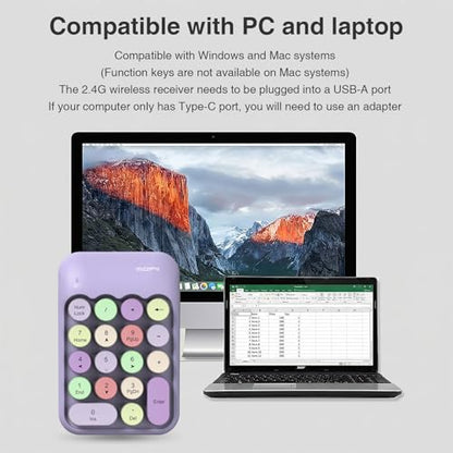 Lomiluskr Cute Wireless Number Keypad with 2.4G USB Receiver, 18 Colorful Round Keys Numpad, Portable Financial Accounting Numeric Keyboard, Suitable for PC, Laptop (Purple) - color: Purple