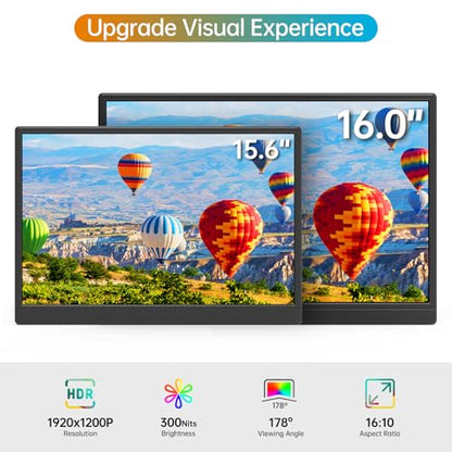 Portable Monitor 16.0inch FHD 1920 * 1200P USB C HDMI Ultra-Slim IPS Travel Display & Speakers, HDR Plug&Play, External Monitor for Laptop PC, Phone, Mac
