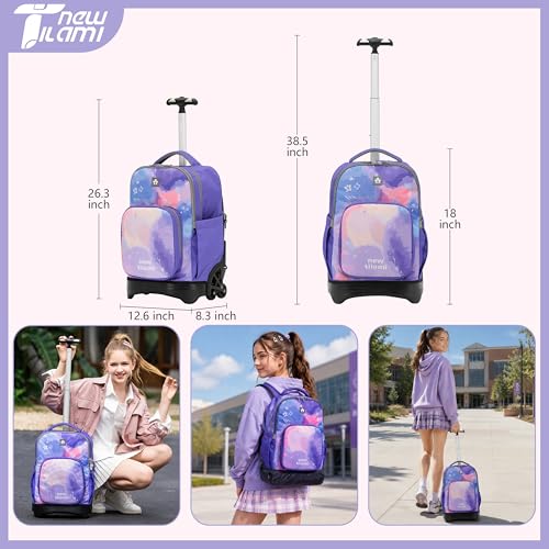 NEW TILAMI 18 Inch Rolling Backpack with Lunch Bag for Girls Boys School | 6-Wheel Stair-Climbing Girls Boys Carry-on Suitcase Water-Resistant Adjustable Trolley Handle Wheels School Travel Camping - color: Purple Sky
