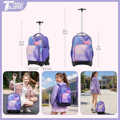 NEW TILAMI 18 Inch Rolling Backpack with Lunch Bag for Girls Boys School | 6-Wheel Stair-Climbing Girls Boys Carry-on Suitcase Water-Resistant Adjustable Trolley Handle Wheels School Travel Camping - color: Purple Sky
