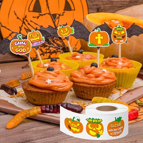 Haooryx Halloween Religious Sticker Rolls - 1000Pcs Religious Theme Pumpkin Bible Verse Stickers Self Adhesive Waterproof Vinyl Water Bottle Page Activity Pad Fall Halloween Party Favor Greeting Card - style: Religious Halloween Pumpkin 2Roll
