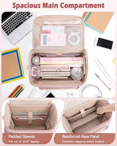 Marscamd Rolling Teacher Bag with 15.6" Laptop Compartment for Work | Multi-Slot Front Pocket, Detachable Trolley & Shoulder Straps, Water-Resistant, Women Work Briefcase Tote with Wheels (Pink)) - color: Pink