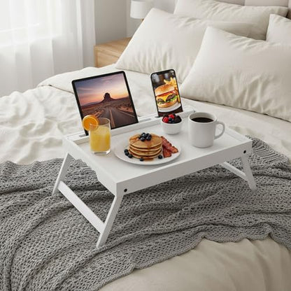 Bed Table Trays for Eating, Bamboo Breakfast Food Tray Table with Media Slot for Bed and Snack, Laptops, Sofa(White, Medium) - color: White