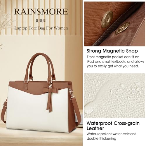 RAINSMORE Laptop Bag for Women 15.6 Inch PU Leather Laptop Tote Professional Business Office Work Bag Waterproof Briefcase Computer Tote Bag Large Lightweight Handbag Shoulder Bag - color: Beige and Dark Brown