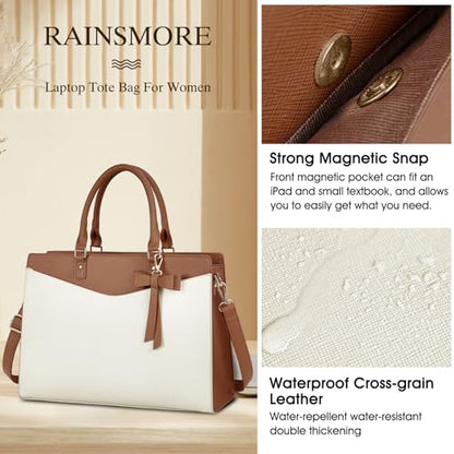 RAINSMORE Laptop Bag for Women 15.6 Inch PU Leather Laptop Tote Professional Business Office Work Bag Waterproof Briefcase Computer Tote Bag Large Lightweight Handbag Shoulder Bag - color: Beige and Dark Brown