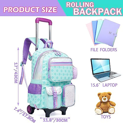 Meetbelify Backpack with Wheels for Girls Rolling Backpack Cute Carry on Backpack for Elementary Student - color: Green