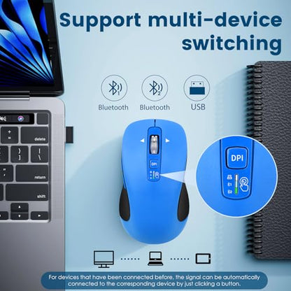 CITLLA Wireless Bluetooth Mouse (USB + BT1 + BT2), Full Size, 4-Way Scrolling, Multi-Device Silent Mouse for Computer, Laptop, iPad, MacBook (Blue) - color: Blue
