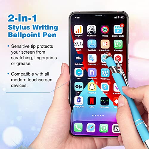 Bribobo 8 Pack Ballpoint Pen 2-in-1 Stylus, 1.0 mm Black Ink | Retractable Ballpoint Pen with Stylus tip, Metal Stylus Pen for Touch Screens - color: 8 Pastel