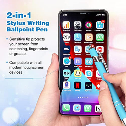 Bribobo 8 Pack Ballpoint Pen 2-in-1 Stylus, 1.0 mm Black Ink | Retractable Ballpoint Pen with Stylus tip, Metal Stylus Pen for Touch Screens - color: 8 Pastel