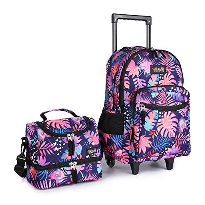 Tilami Rolling Backpack 18 inch Double Handle with Lunch Bag Wheeled Kids Backpack, Leaves Pink - color: Leaves Pink