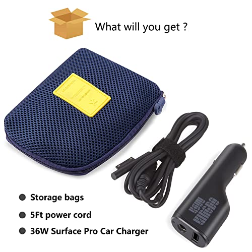 Surface Pro Car Charger Surface Laptop Car Charger,36W 12V 2.58A Power Supply for Microsoft Surface Pro 3/4/5/6/Book/Go,Surface Pro 9,Surface Laptop car charger with USB 2.0 Port(5Ft Cord)&Travel Case