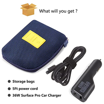 Surface Pro Car Charger Surface Laptop Car Charger,36W 12V 2.58A Power Supply for Microsoft Surface Pro 3/4/5/6/Book/Go,Surface Pro 9,Surface Laptop car charger with USB 2.0 Port(5Ft Cord)&Travel Case
