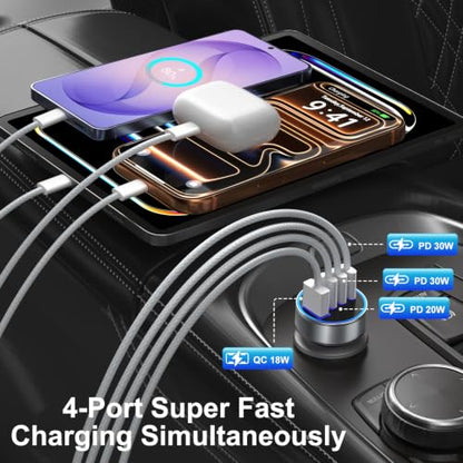 USB C Car Charger,4-Port 98W Super Fast Charging Cigarette Lighter Adapter | Dual PD 30W Car Phone Charger Adapter,Multi Port Cigarette Lighter USB Charger for iPhone 17/16/15 Pro Max,Galaxy,Pixel,iPad - color: Gray