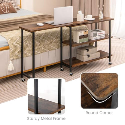 Giantex 360° Free Rotating Sofa Side Table, Mobile L-Shaped Laptop Desk with Sturdy Metal Frame, 6 Universal Casters, Movable Couch Snack Table with 2-Tier Storage Shelf for Home (Rustic Brown) - color: Rustic Brown