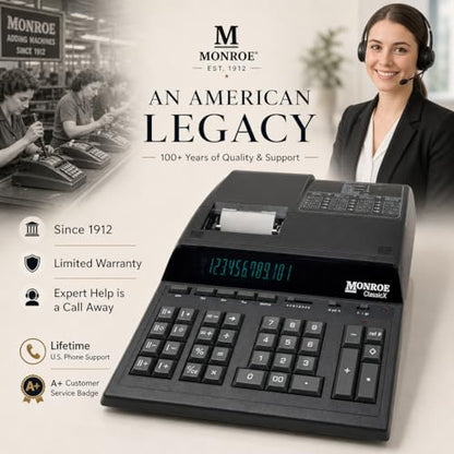 Monroe ClassicX 12-Digit Heavy-Duty Printing Calculator - Enclosed Paper Roll, Velvet Touch Keys, 5 Lines/Sec, Dual Memory - Professional Accounting Calculator