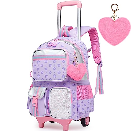 Meetbelify Backpack with Wheels for Girls Rolling Backpack Cute Carry on Backpack for Elementary Student - color: Purple