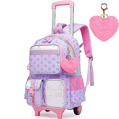 Meetbelify Backpack with Wheels for Girls Rolling Backpack Cute Carry on Backpack for Elementary Student - color: Purple