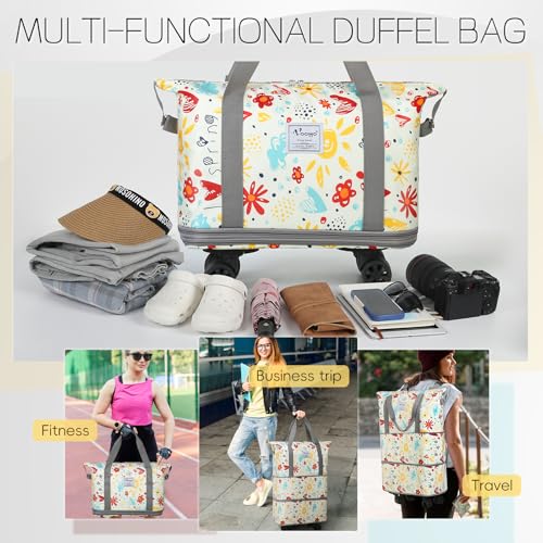 VOOWO Rolling Duffel Bag with Wheels - Foldable Expandable Duffle Bag with Wheels for Travel, Rolling Luggage Bag Carry On Bag with Wheel, Large Rolling Backpack Weekend Bag for Men Women (Flower) - color: Flower
