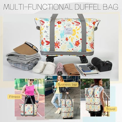 VOOWO Rolling Duffel Bag with Wheels - Foldable Expandable Duffle Bag with Wheels for Travel, Rolling Luggage Bag Carry On Bag with Wheel, Large Rolling Backpack Weekend Bag for Men Women (Flower) - color: Flower