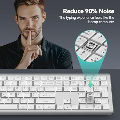 TECKNET Bluetooth Keyboard Rechargeable 4-Device (2.4G+BT) | Multi-device Free Switching, Ultra-Slim, Numeric Keypad, Quiet Full Size Wireless Keyboard for PC/Laptop/Smart TV/Phone - color: White