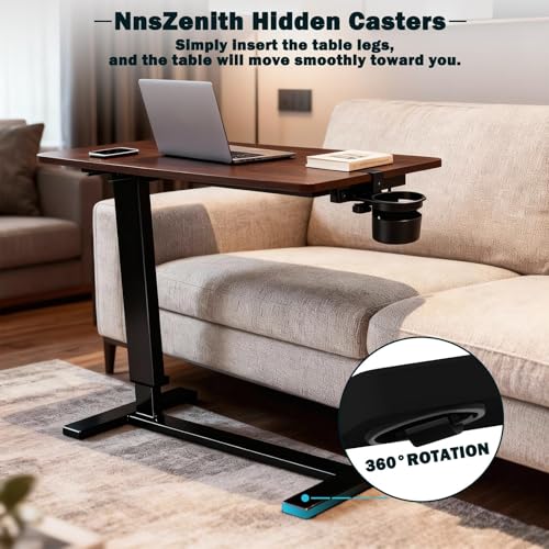 Adjustable Overbed Bedside Table with Wheels, Walnut Finish | Rolling Tray Desk, Height-Adjustable