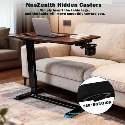 Adjustable Overbed Bedside Table with Wheels, Walnut Finish | Rolling Tray Desk, Height-Adjustable