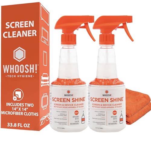 WHOOSH! Screen Shine Pro – TV Screen Cleaner & Cloth, Set of 2, 16.9 fl oz | Includes 2 – 14x14" Microfiber Cloth, For Flat Screens, OLED, LCD, Monitors, Streak Free Finish, Non Toxic & Odorless - size: 16.9 Fl Oz (Pack of 2)