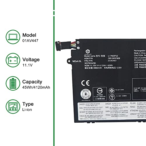 01AV447 L17M3P52 SB10K97608 Laptop Battery Replacement for Lenovo ThinkPad E480 E485 E495 E580 E585 E490 E590 E595 E14 E15 Series 01AV445 L17L3P51 01AV448 L17C3P51 01AV446 L17M3P51 11.1V 45Wh - size: 13.2*5.2*1.4inch 01AV447