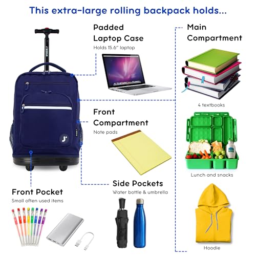 J World Sundance Laptop Rolling Backpack for Girls Boys. Roller Bookbag with Wheels, 20 Inch, Navy - color: Navy