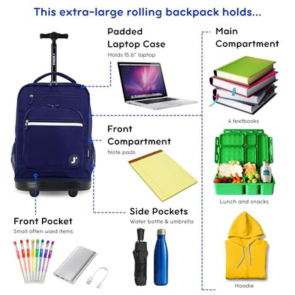 J World Sundance Laptop Rolling Backpack for Girls Boys. Roller Bookbag with Wheels, 20 Inch, Navy - color: Navy