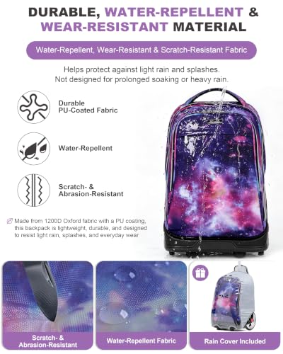 NEW TILAMI 19 Inch Rolling Backpack with Lunch Bag School Stair-Climbing | Stair-Climbing Teen Boys Girls Carry-on Suitcase Large Compartment 15.6 Laptop Sleeve Adjustable Handle Roller Travel Bag - color: Purple Starry