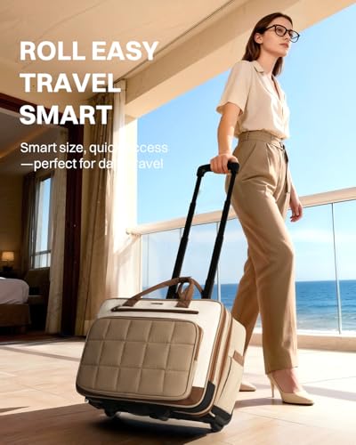 AUROTIER Rolling Puffer Laptop Bag, Rolling Briefcase for Women, Wheeled 16 Inch Computer Bag, Water Resistant Stylish Overnight Underseat Carry On Luggage with Wheels for Work Travel Business, Khaki - color: Khaki