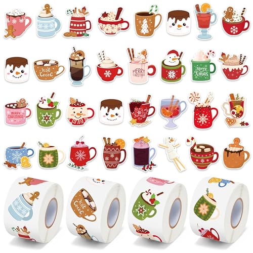 CNhoqc Christmas Cocoa Sticker Roll - 2000 Pcs Winter Hot Cocoa Mug Marshmallow Waterproof Vinyl Decal Reusable Laptop Sticker Scrapbook Water Bottle Junk Journal Party Supplies Skateboard Travel Case - style: Christmas Cocoa 4-Rolls