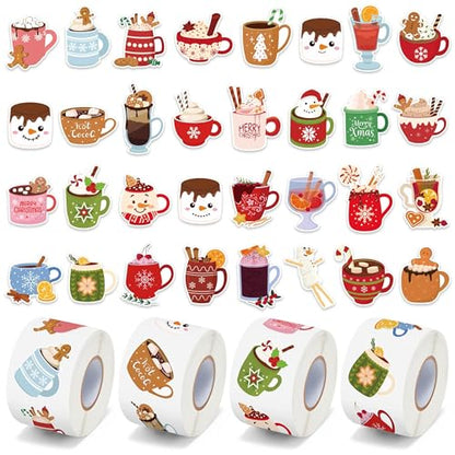 CNhoqc Christmas Cocoa Sticker Roll - 2000 Pcs Winter Hot Cocoa Mug Marshmallow Waterproof Vinyl Decal Reusable Laptop Sticker Scrapbook Water Bottle Junk Journal Party Supplies Skateboard Travel Case - style: Christmas Cocoa 4-Rolls