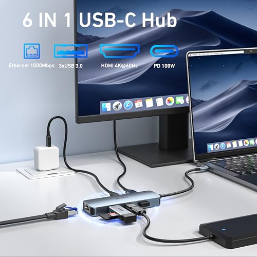 BENFEI USB C HUB 6-in-1 with HDMI(4K@60Hz), Gigabit Ethernet, 100W Power Delivery, 3*USB 3.0, Silicone Cable, Aluminum Case Compatible with iPhone 15 Pro/Max, MacBook, iPad Pro, iMac, S23, XPS17 - style: 3A(6in1)