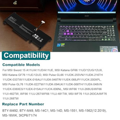 TREE.NB BTY-M492 Laptop Battery Replacement for MSI WF66 WF76 11UI 11UJ Katana GF66 11UD 12UG 12UX GF76 11UE 12UD Crosshair 15 17 A11UCK A11UDK A11UEK Sword 15 A11U A11UD Pulse - size: 9.96x3.54x0.2inch BTY-M492